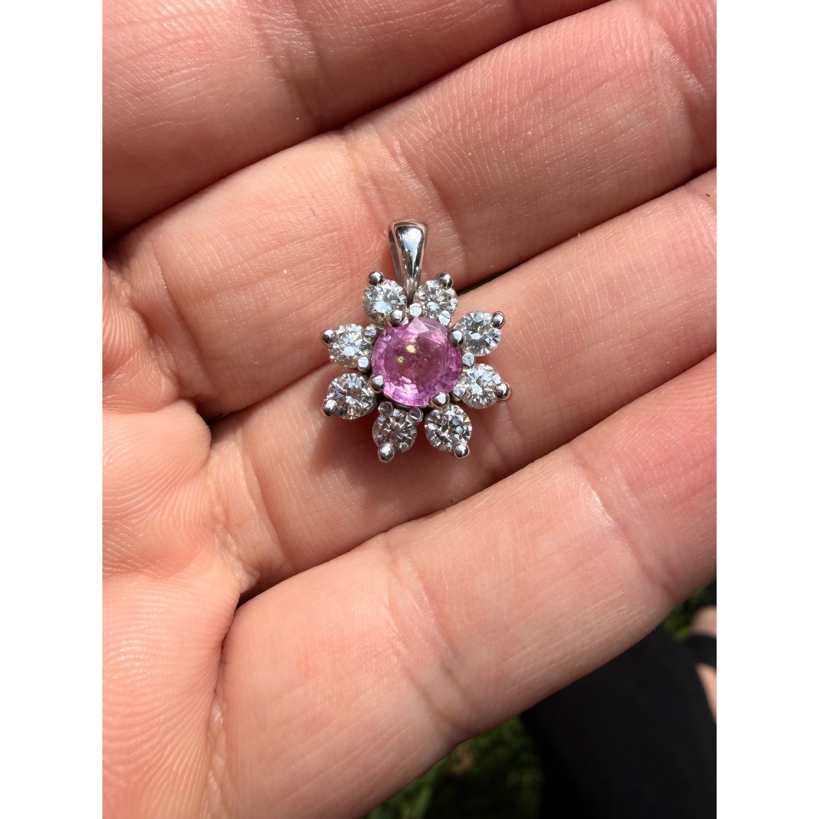 14K White Gold Pink Sapphire & Diamond Flower Pendant