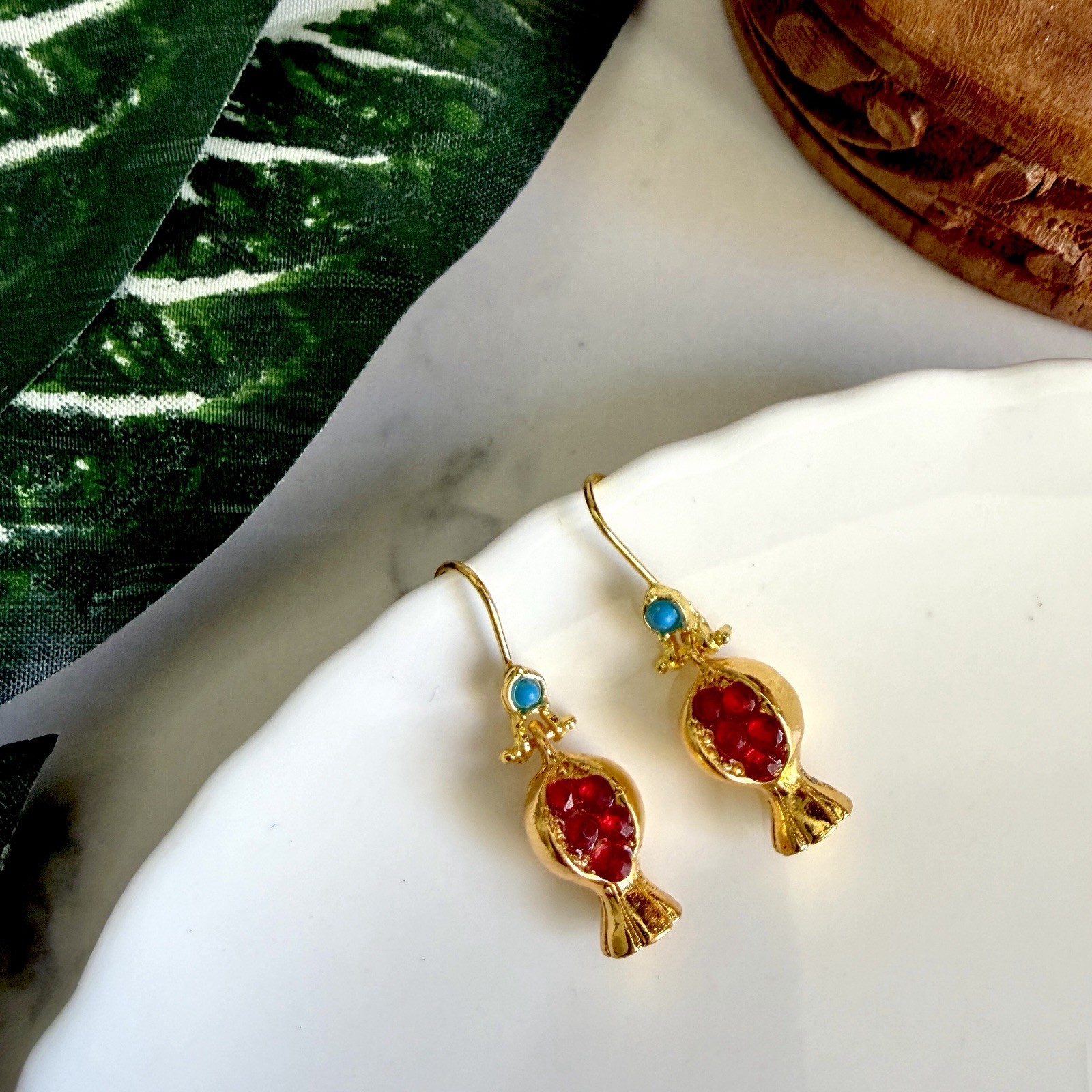 Mini Pomegranate Earrings Red Stone Seeds Blue Stone Gold Fruit Jewelry Gift NEW