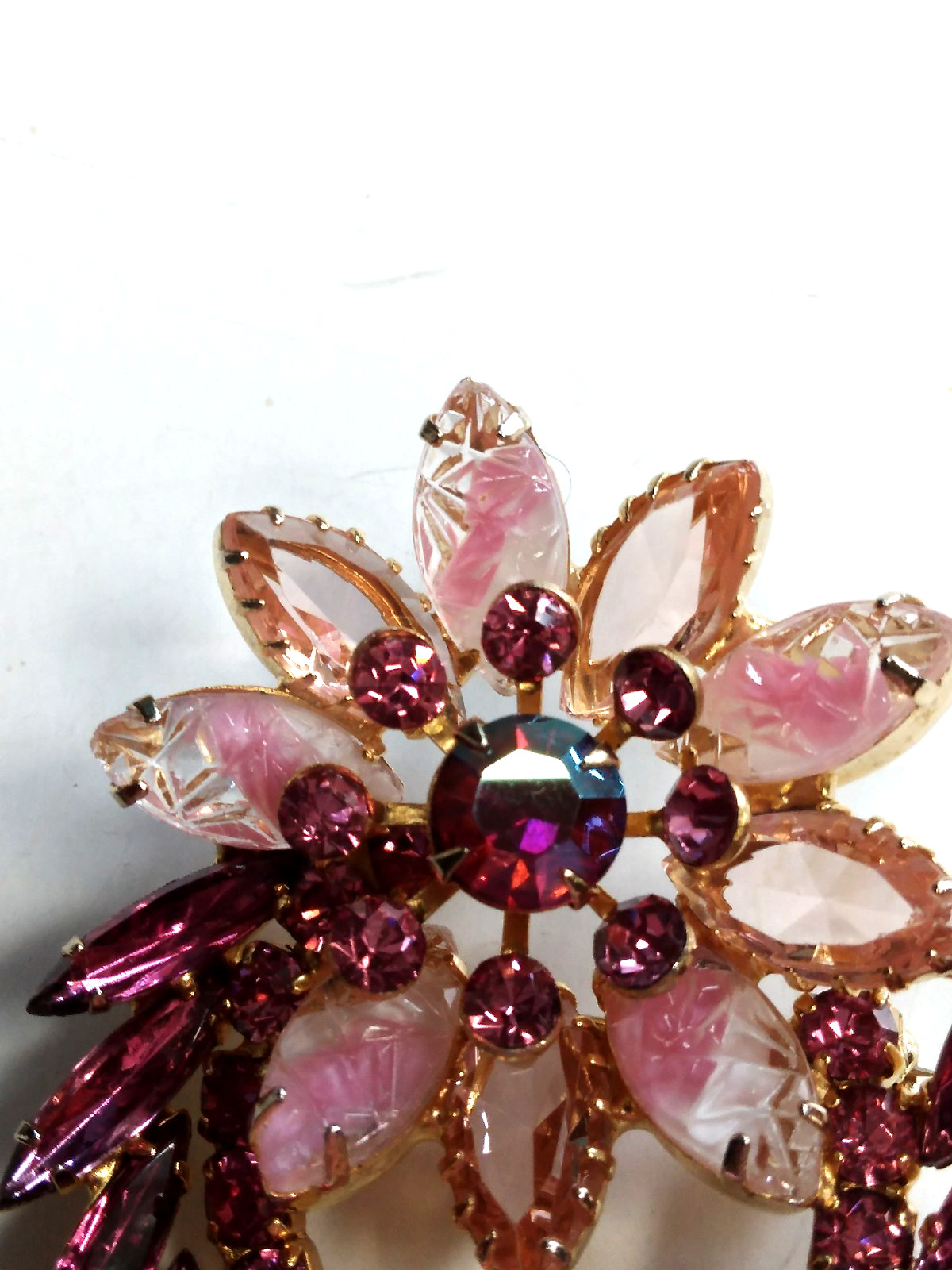 Juliana Pink Brooch Givre Lava Glass Dark Pink Navetts Gold Tone Rivet Prong Set