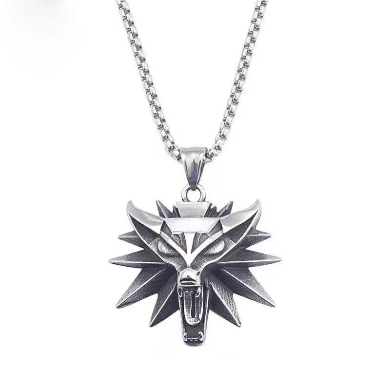 Men Unisex Punk Gothic Rock Wolf Head Pendant Necklace The Witcher Jewelry 24″