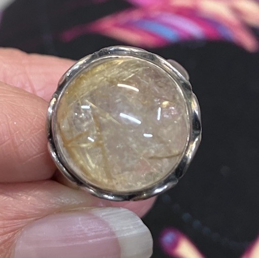 Sterling Silver ring featuring a natural golden rutilated quartz stone Size 8.5