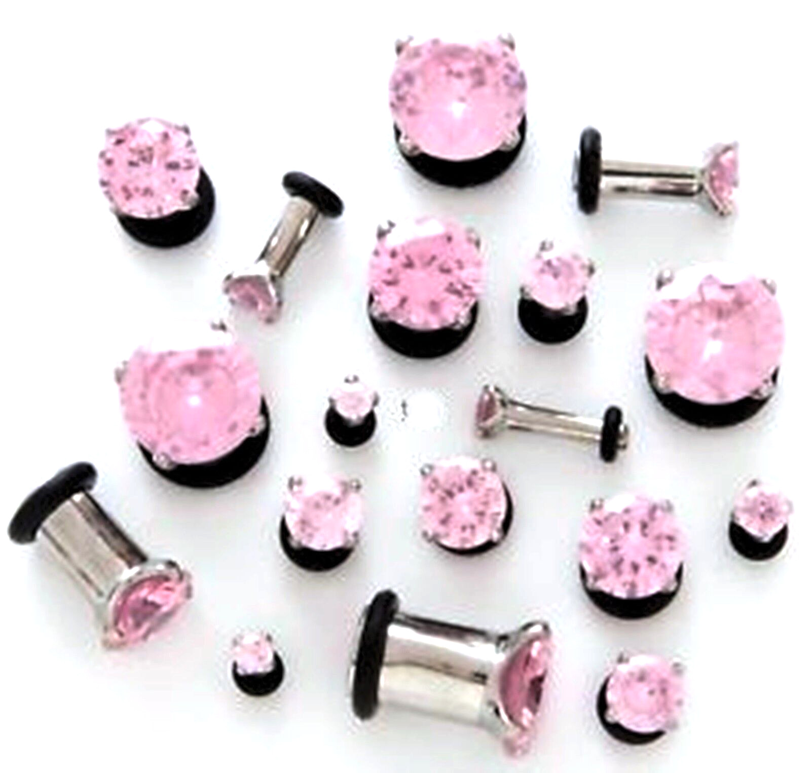 PAIR-Pronged Pink Gem Steel Single Flare Ear Plugs 04mm/6 Gauge