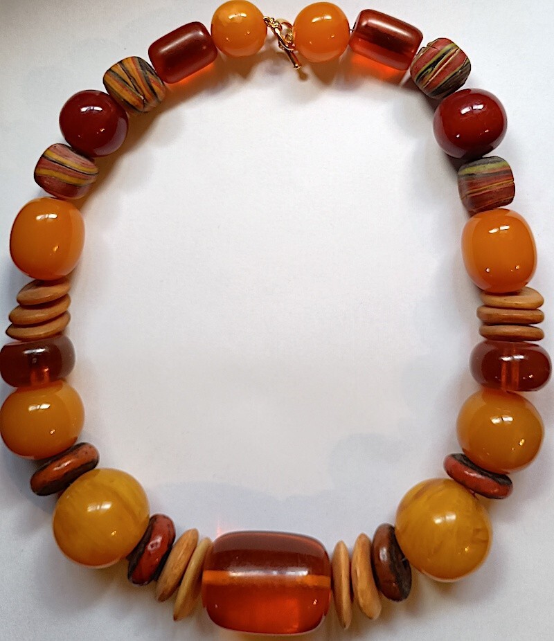 Necklace – Antique Lamp Work, Moroccan Copal, Bone & Resin Beads, 22 Inches