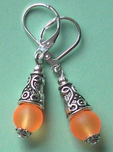 PUMPKIN orange SEA FROSTED GLASS drop earring SP HANDCRAFTED XX