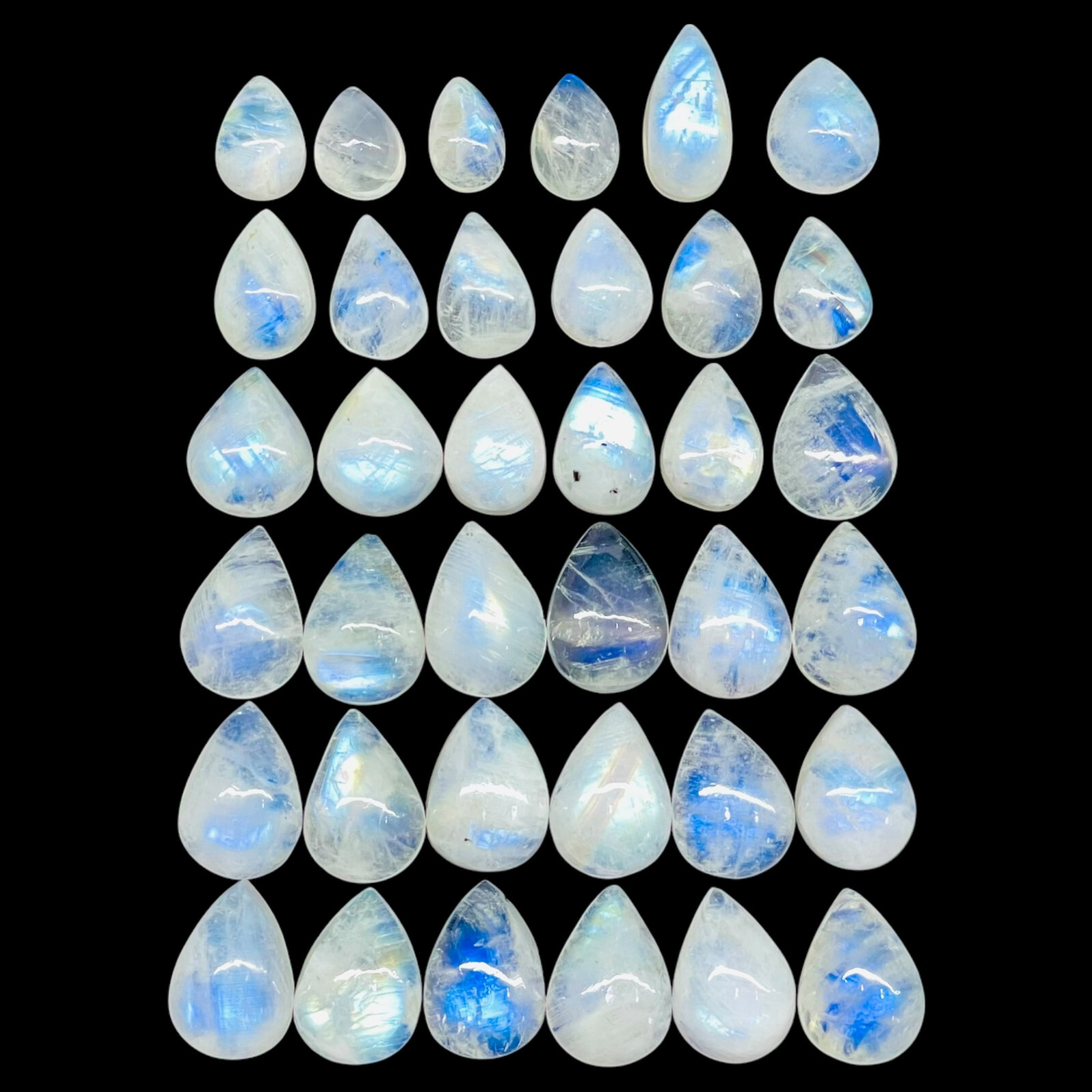 36 Pcs Natural Rainbow Moonstone 10-14mm Pear Blue Flash Cabochon Gemstones Lot