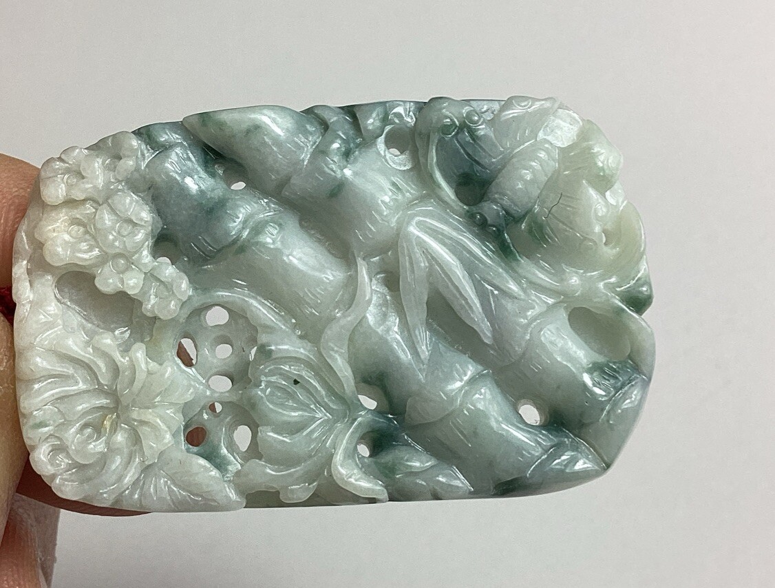 Light Tan & Green 1 Sided Jadeite Bamboo & Butterfly Translucent Pendant