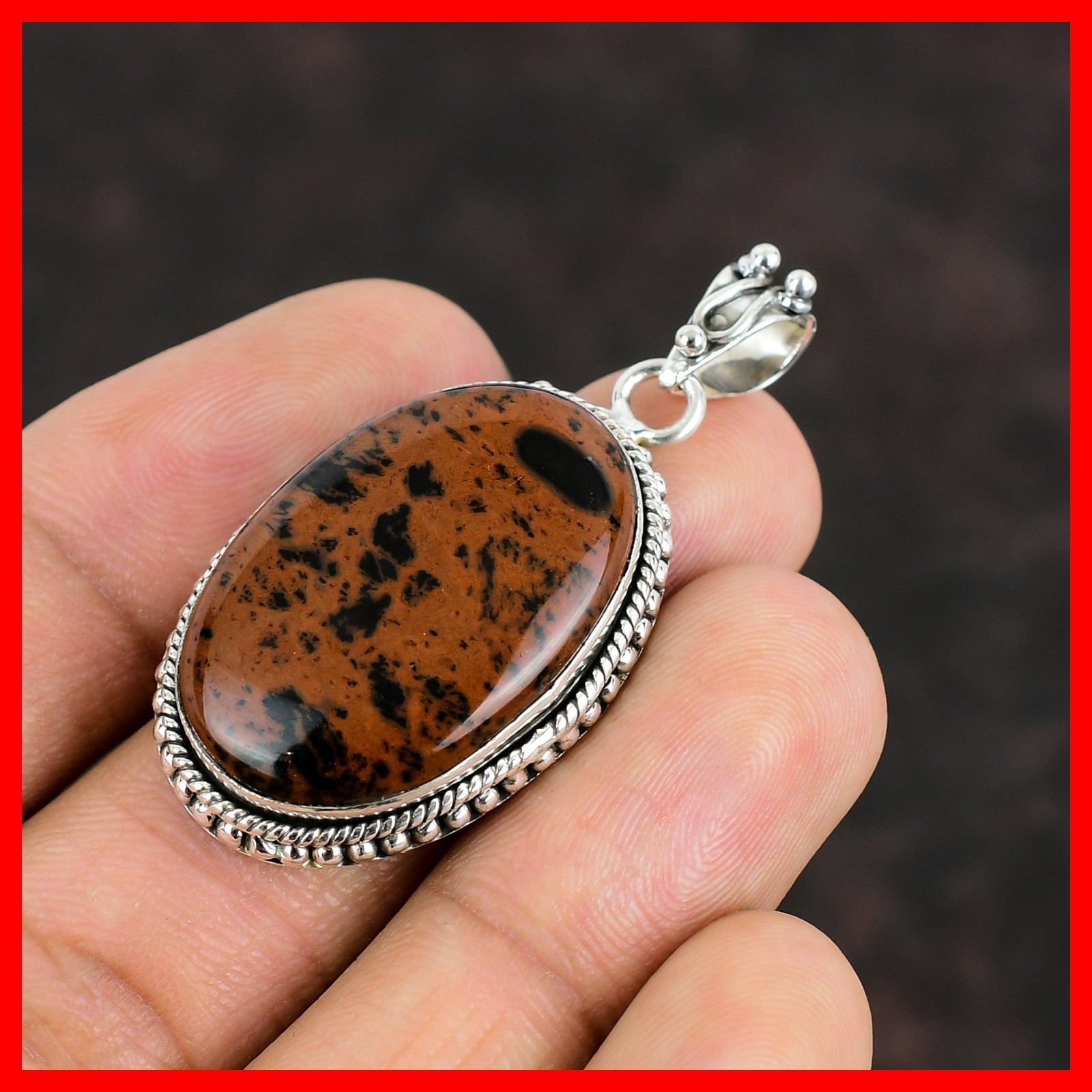 925 Sterling Silver Oval Root Chakra Mahogany Obsidian Stone New Pendant Jewelry