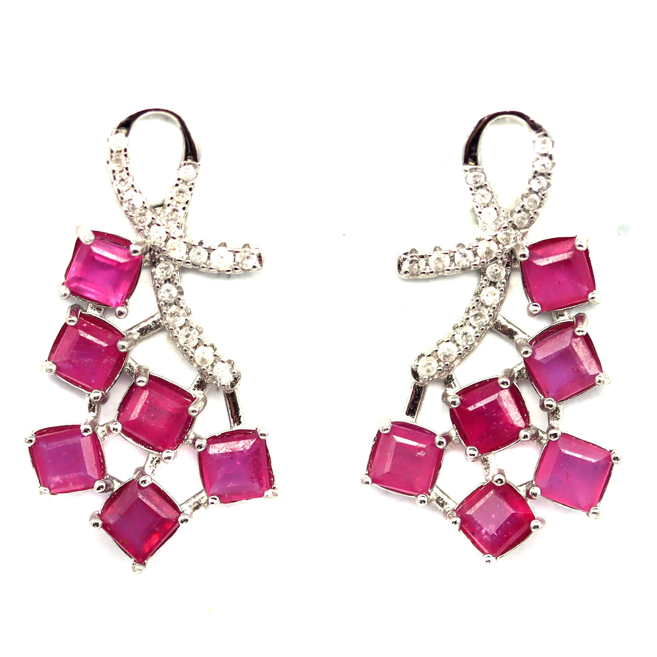 Gemstone Heated 3 x 3 MM. Red Ruby & White Zircon Earrings 925 Sterling Silver