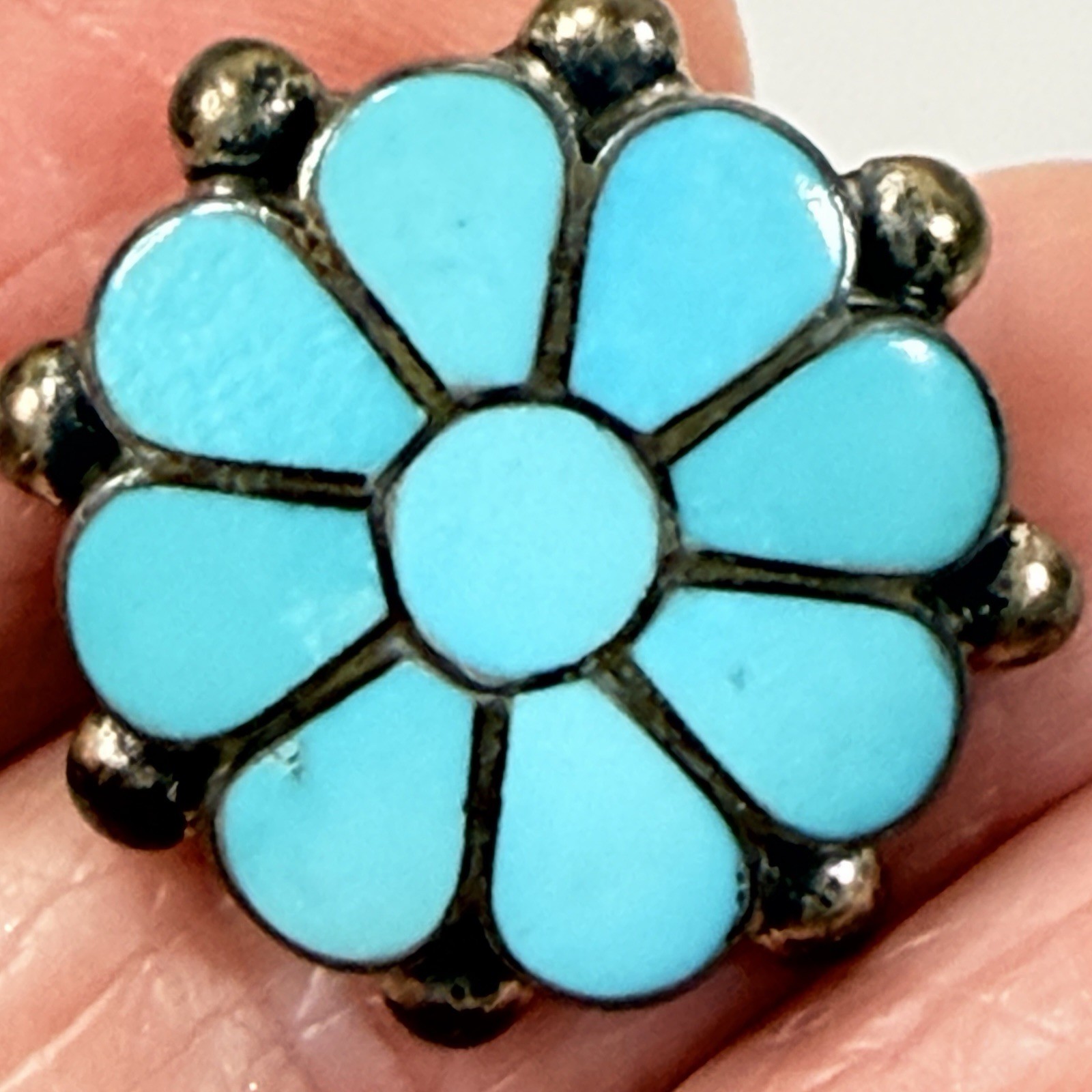 Vintage Frank Vacit Earrings Zuni Turquoise Inlay Sterling Silver Pierced READ