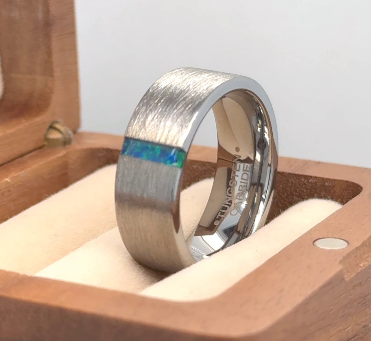 Pipe Cut Tungsten Wedding Rings Opal Engagement Ring Ice Brushed Lime Opal Ring