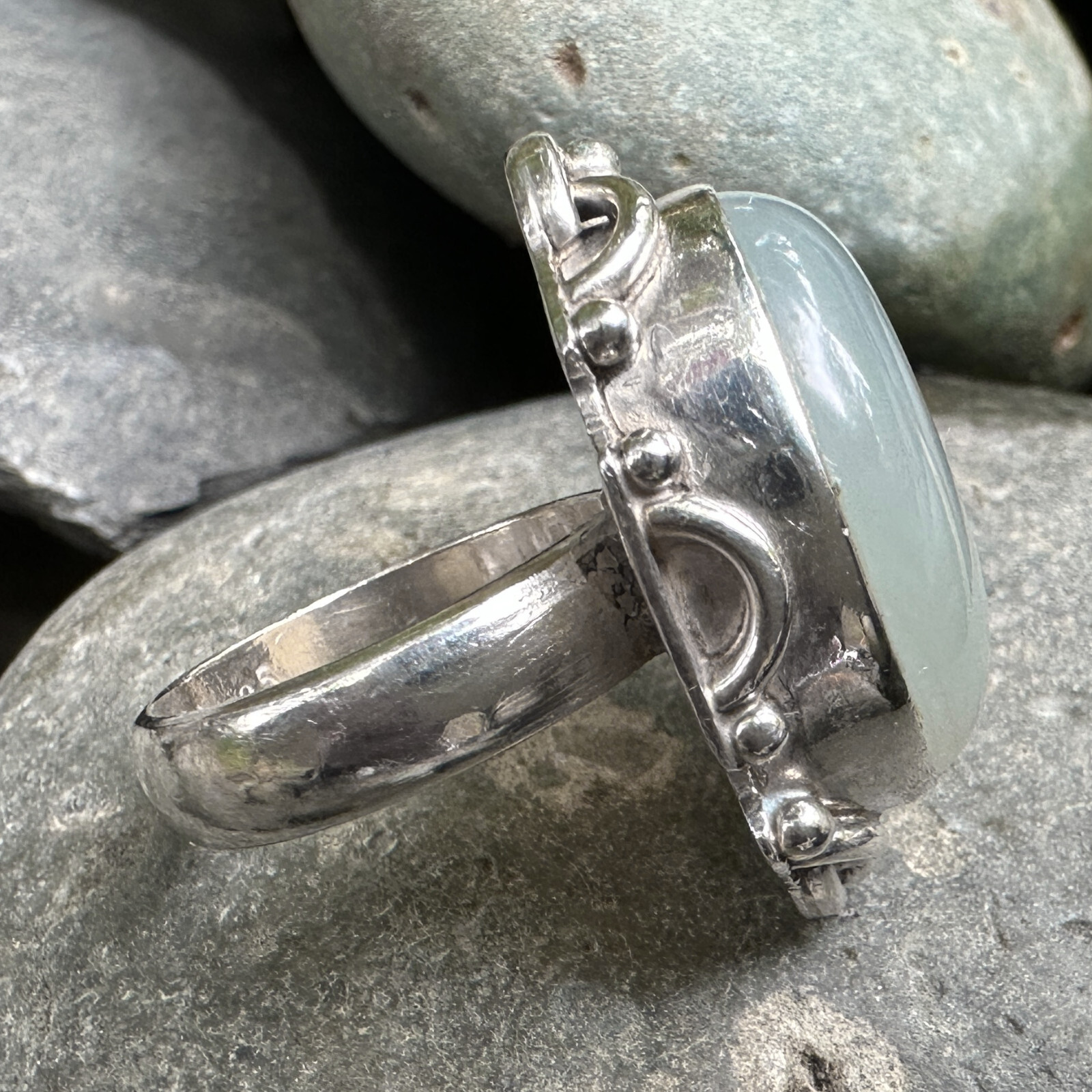 Oval Moonstone Bezel Ring in Sterling Silver SZ 5.5 w Applied Frame Design, 10g