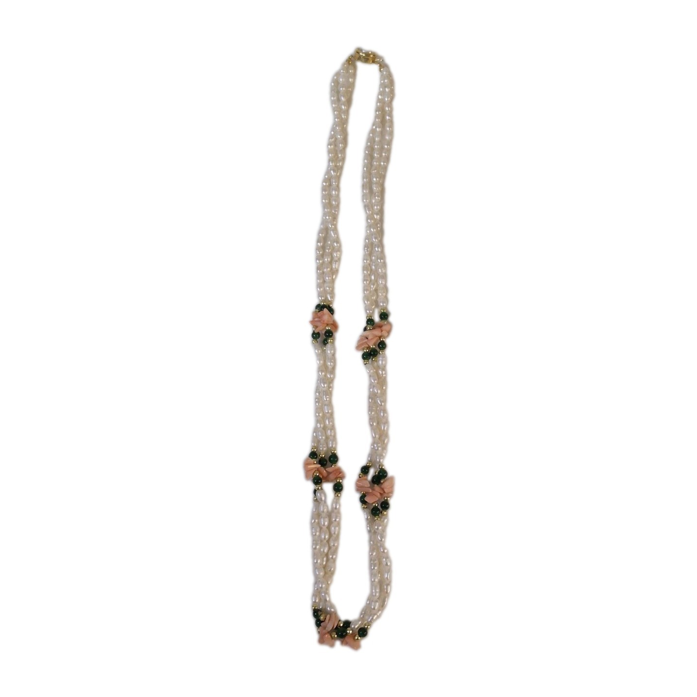 Rice Pearl 3 Strand Necklace 22” Coral Green Goldtone Push Lock Clasp Vintage