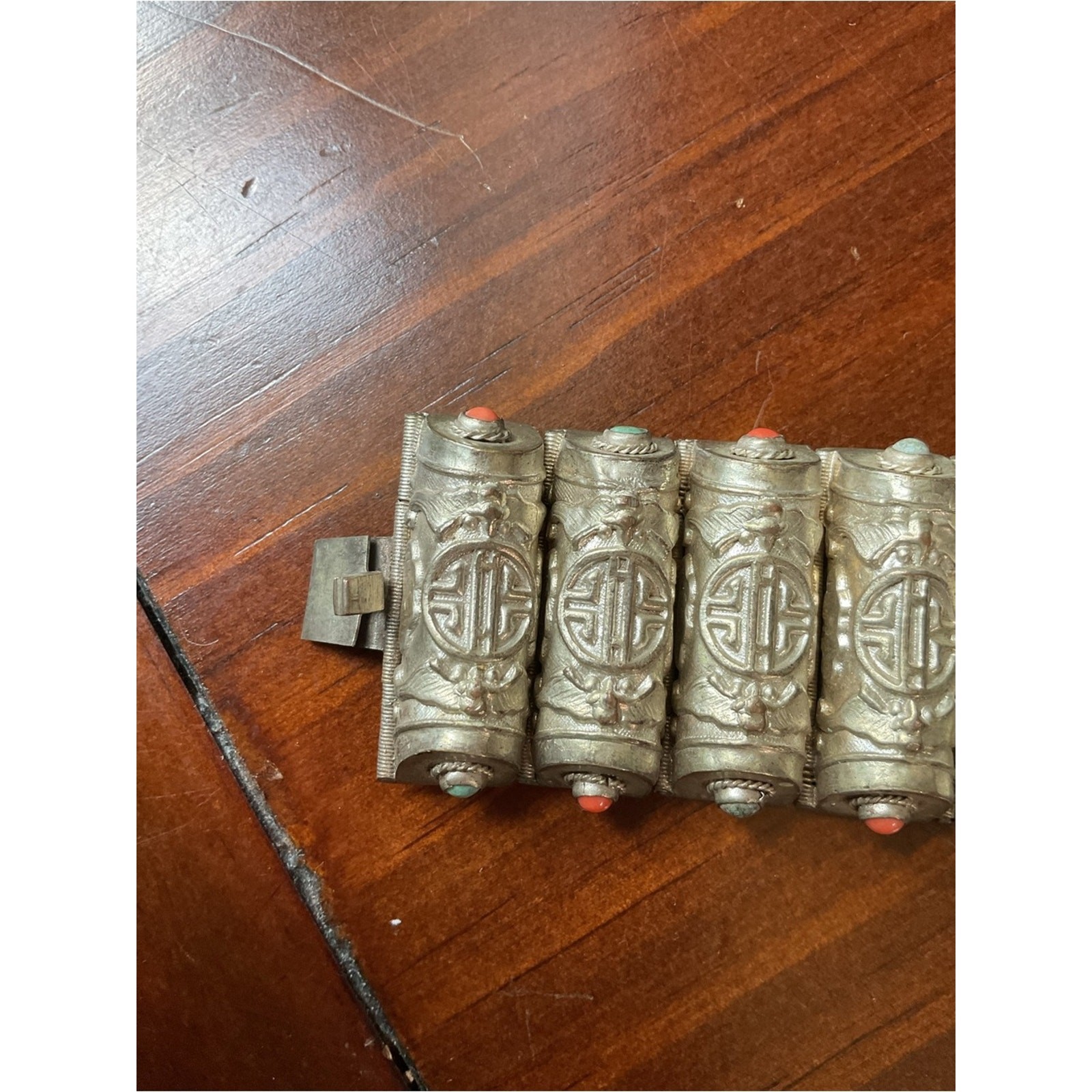 Vintage Chinese Export Silver Tone Asian Bracelet Cuff