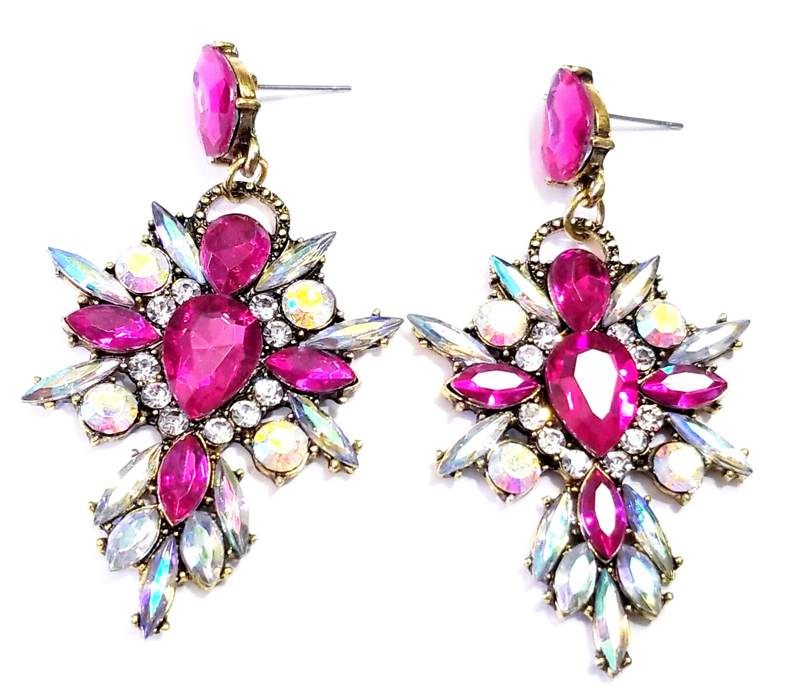 Chandelier Earrings Pink Rhinestone Crystal 2.8 in