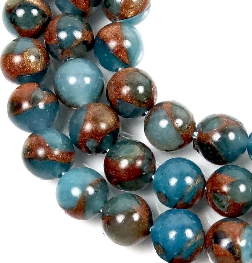 8mm Aquamarine Quartz with Pyrite / Gold Brown Vein Round Beads (23)