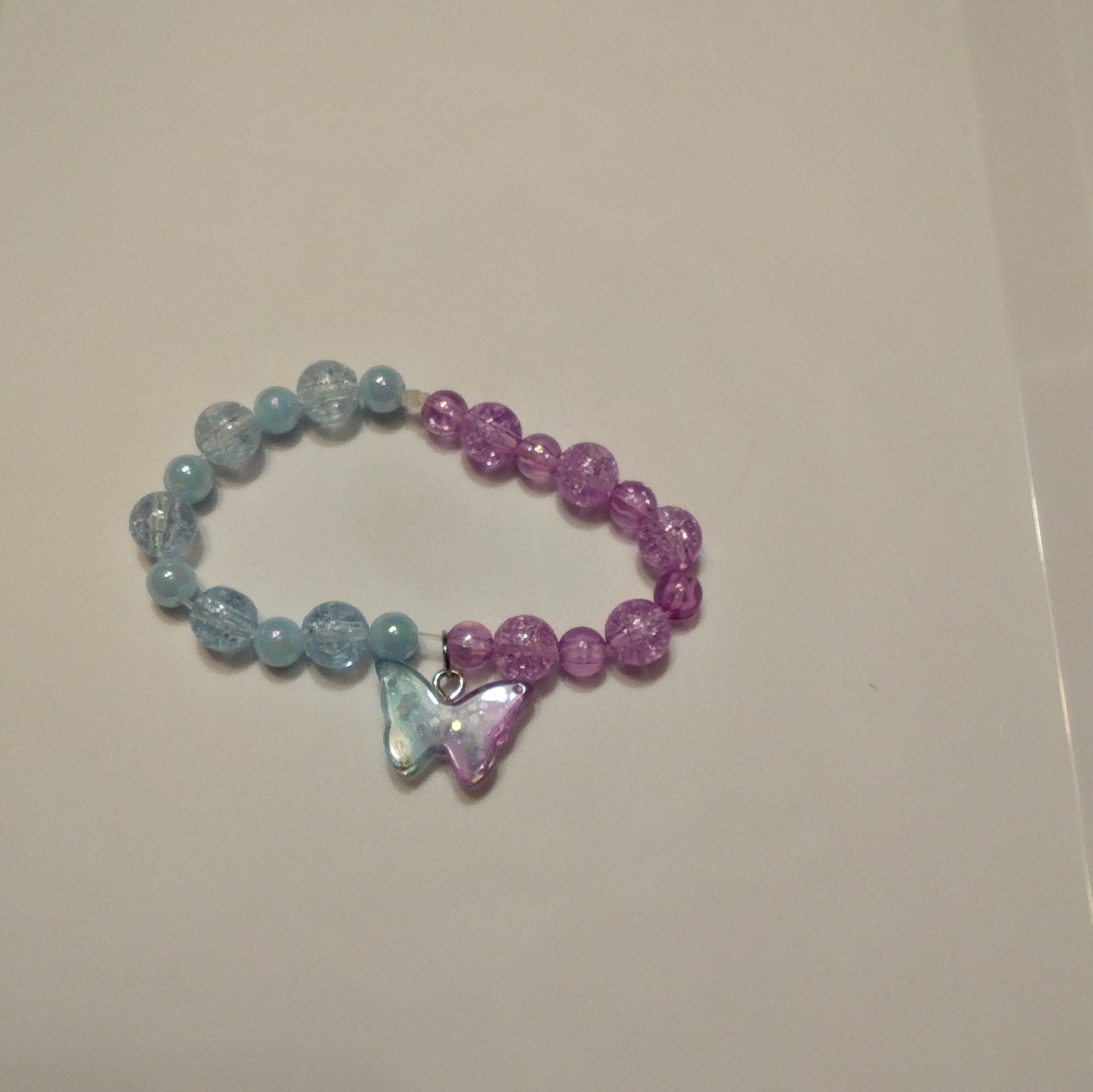 Blue Purple Beaded Stretch Bracelet, No Clasp, Butterfly Dangle Charm, Plastic