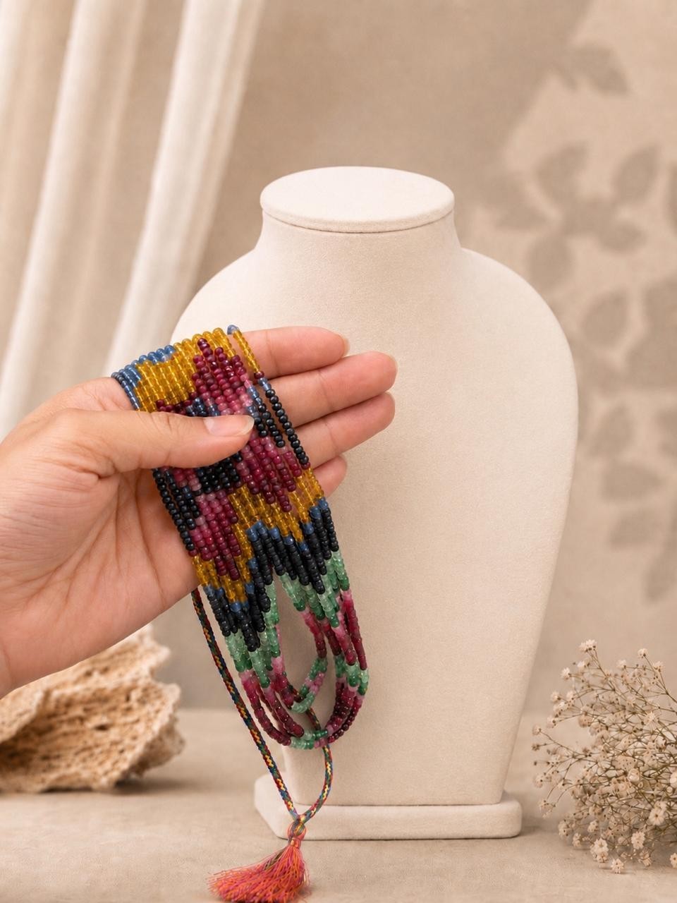 Tourmaline Multi-Color Rondelle Gemstone Silk Beaded Layered Necklace Fine Set
