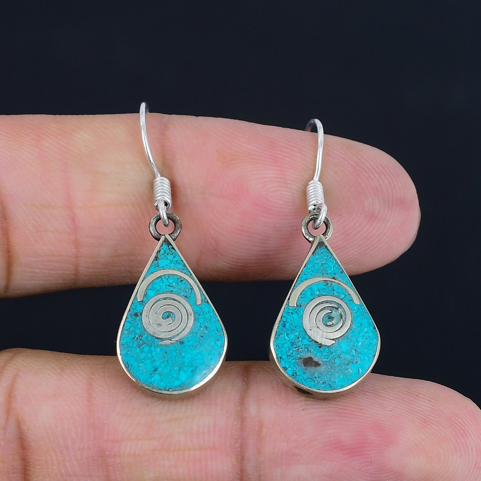 Turquoise 925 Sterling Silver Handmade Tibetan Nepali Gift Earring 1.7″ PG 3596