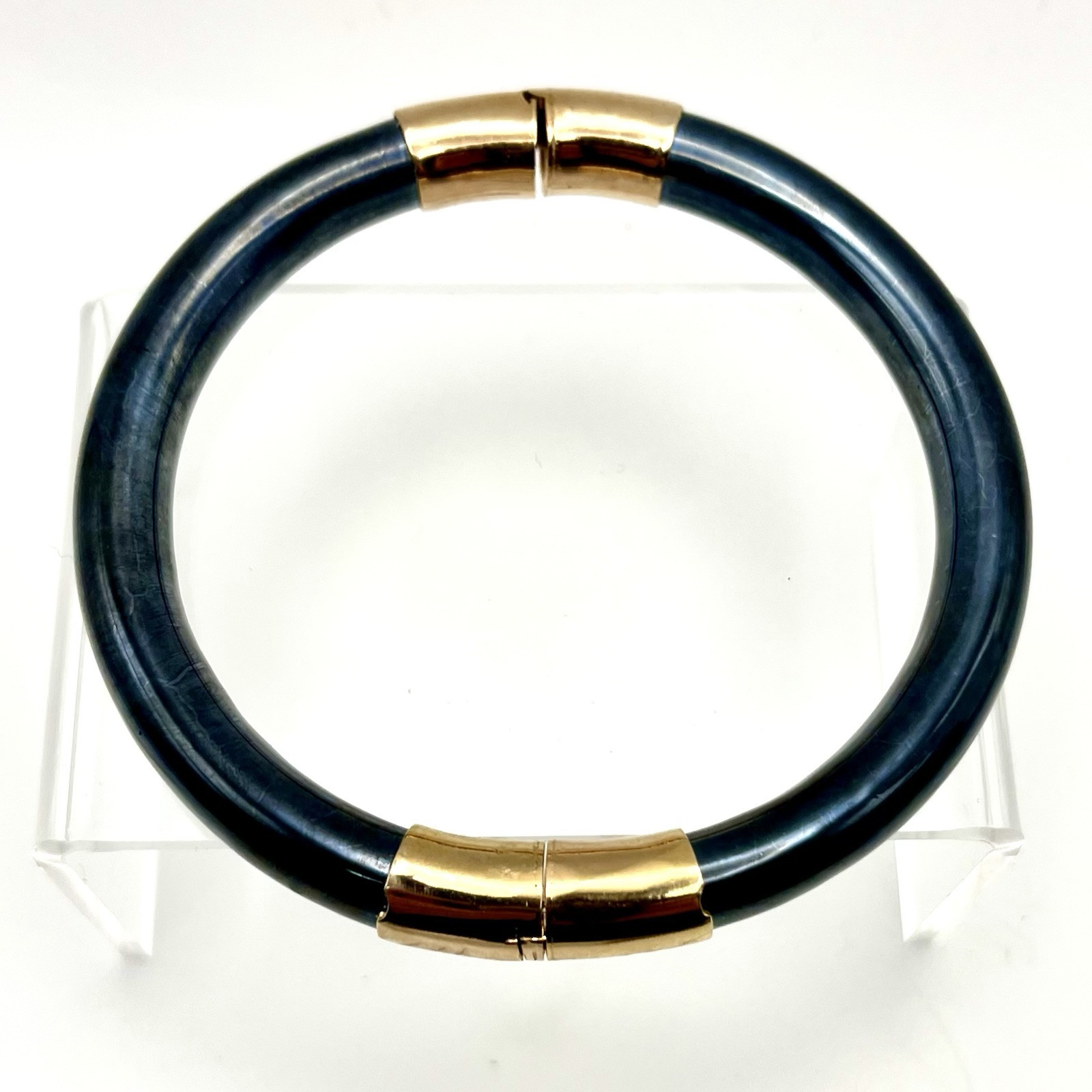 Vintage Midcentury Hinged Bangle Bracelet Chinese Slate Blue Iridescent Glass
