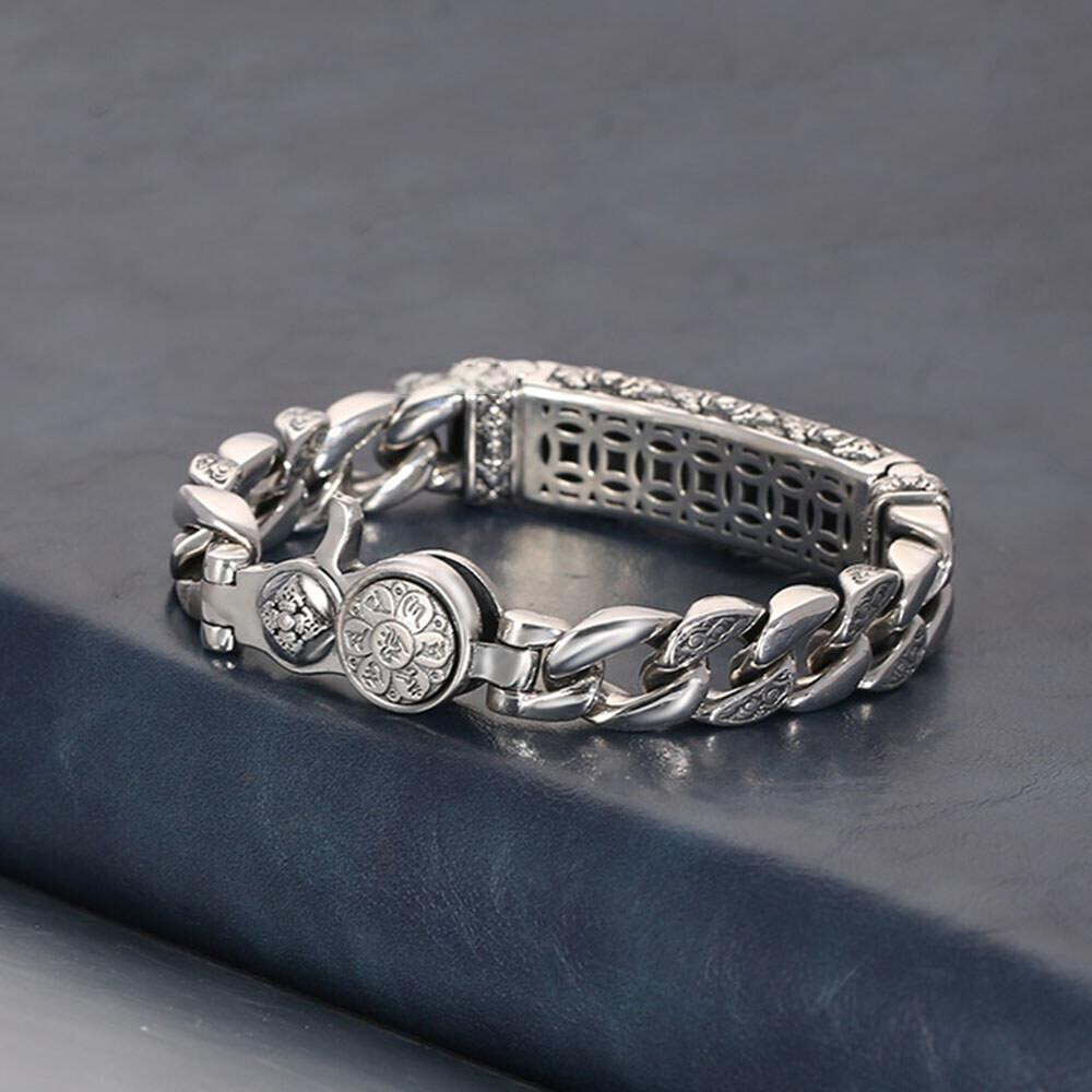 Real 925 Sterling Silver Bracelet 11mm Vajra Six Words Curb Link Chain 7-8.7in