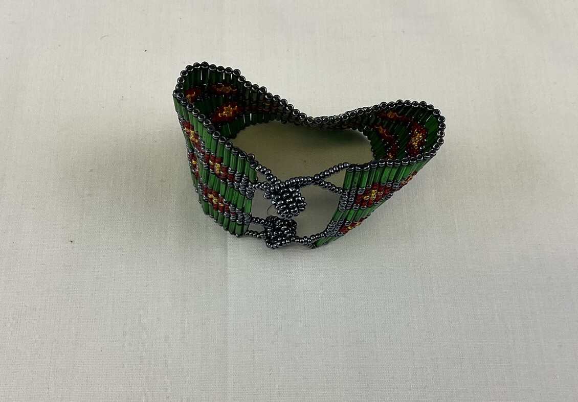 Glass Beaded Bracelet Aztec Style Black Gold Green Red L 7-1/2” x W2”