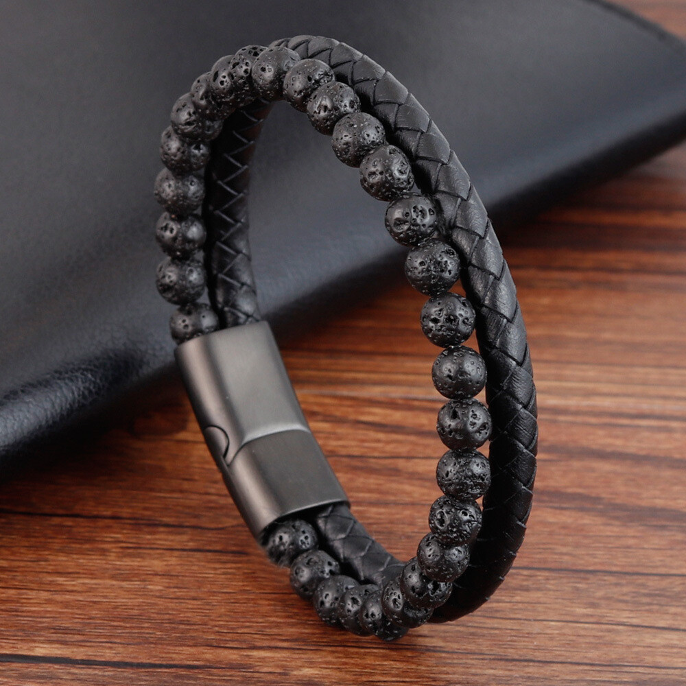 Obsidian Tiger Eye Beaded Protection Strength Healing Men Leather Bracelet Gifts