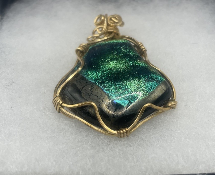 Blue Green Gold Dichroic Glass Pendant Handmade Gold Tone Wire Wrapped