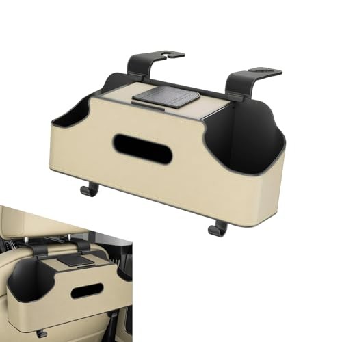 Car Back Seat Organizer Box, Leather Headrest Hanging 4-in-1 1 PC Beige