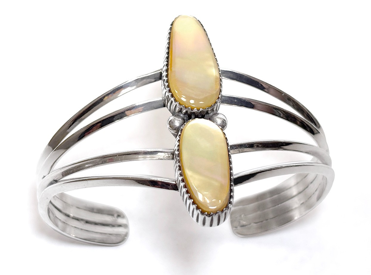 Navajo Sterling Silver & 2 Mother of Pearl Cuff Bracelet, G Boyd Native American