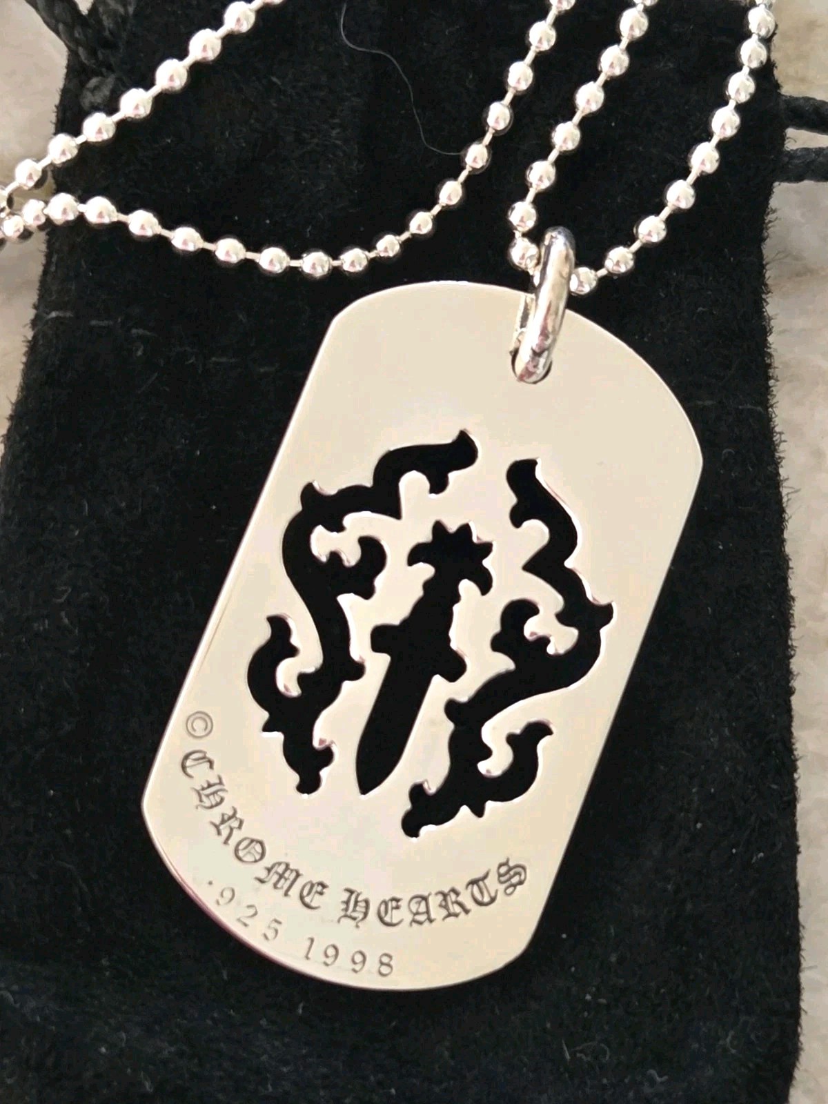 Chrome Hearts CH Silver Large Chicken Nugget Dog Tag w/ Ball chain Necklace