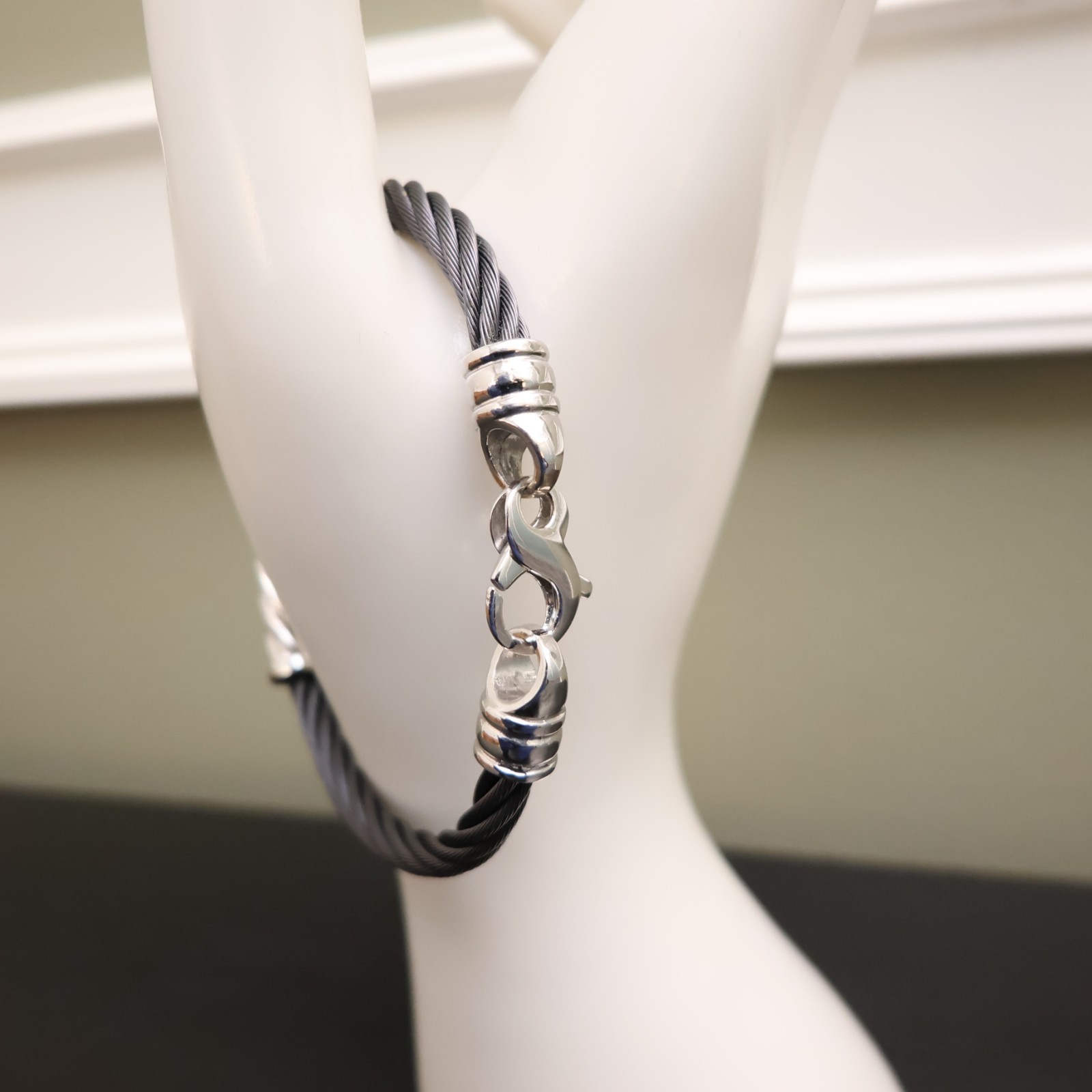 Edward Mirell bracelet titanium cable 925 sterling silver swirl and clasp 6.75in