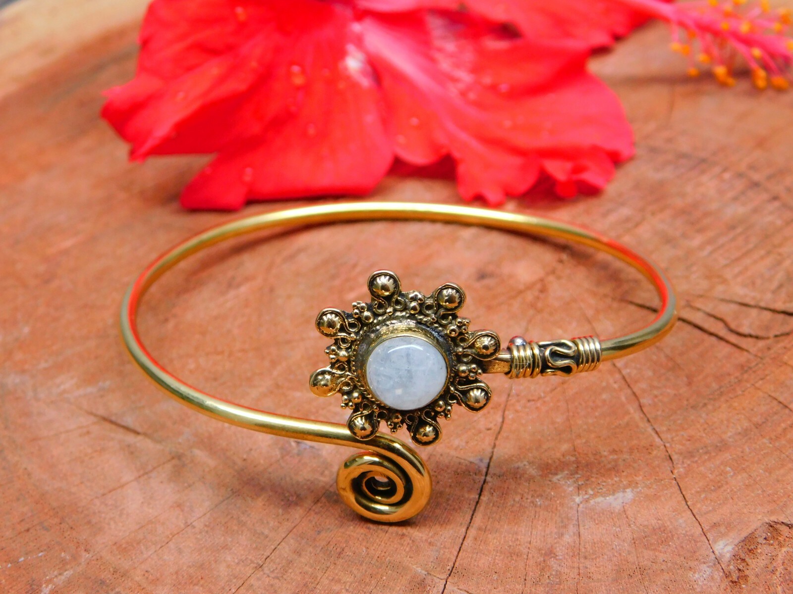 Natural White Rainbow Moonstone Bracelet, Brass Tribal Hand Cuff Ethnic Bangle