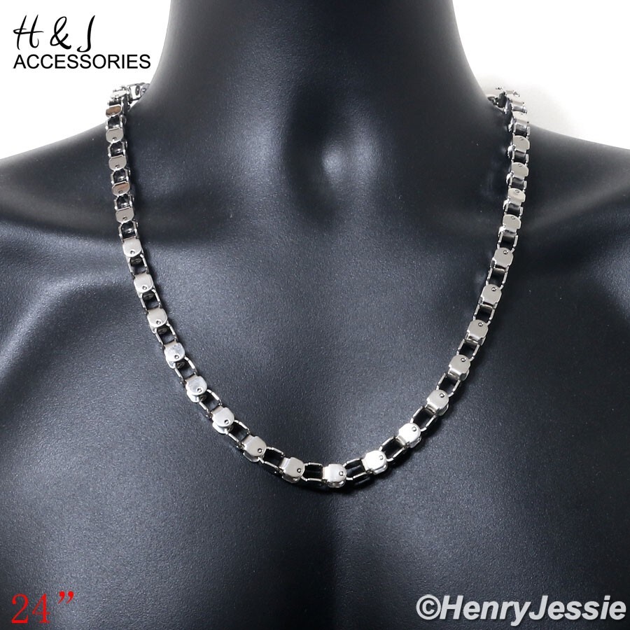 24″MEN’s Stainless Steel 7mm Silver Box Bike Link Chain Necklace*AN169