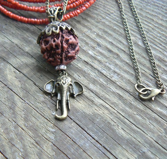 Ganesha necklace HANDMADE 5 Mukhi Rudraksha pendant Hindu jewelry Success symbol