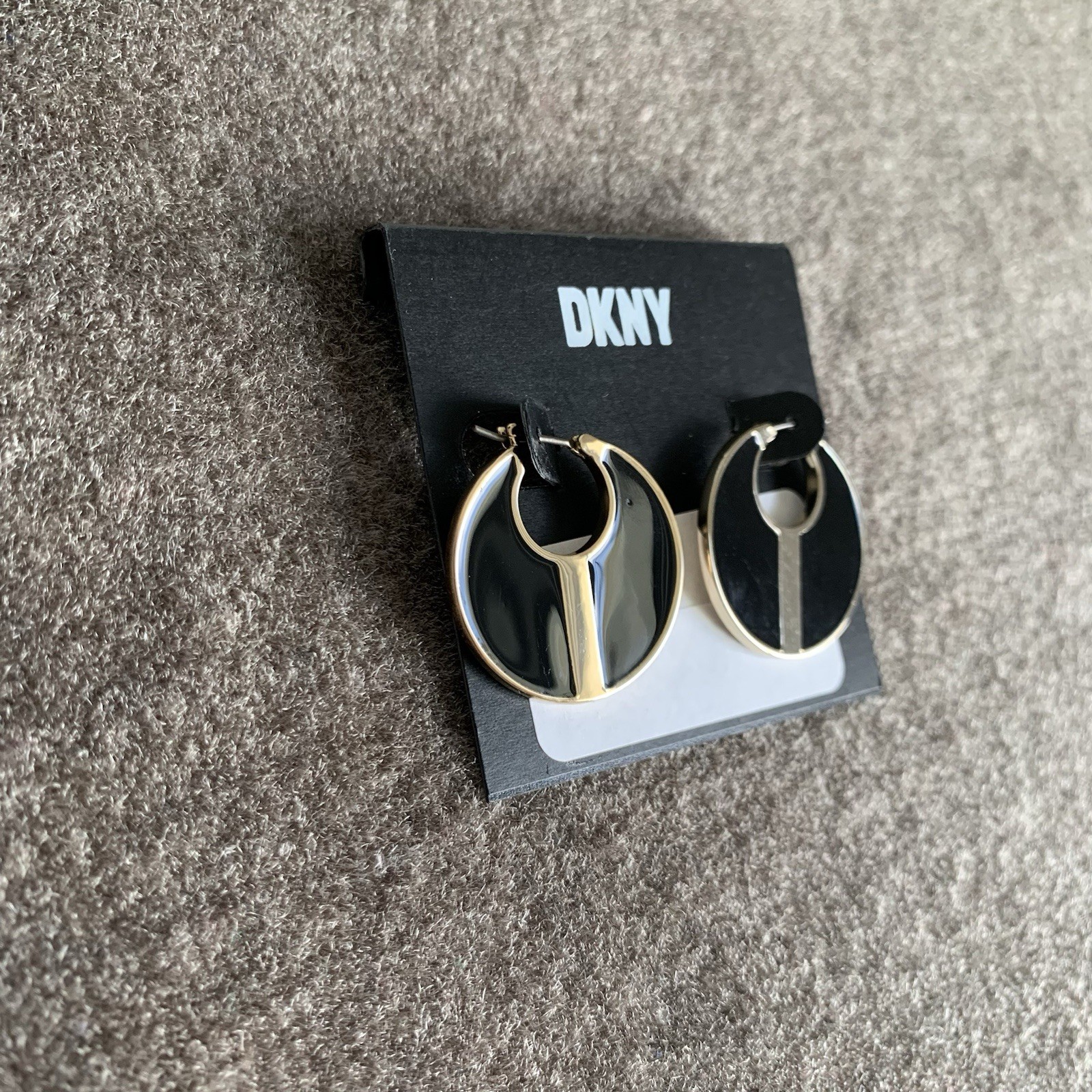 DKNY Gold-Tone Black Flat Disc Circle Drop Earrings Hinged