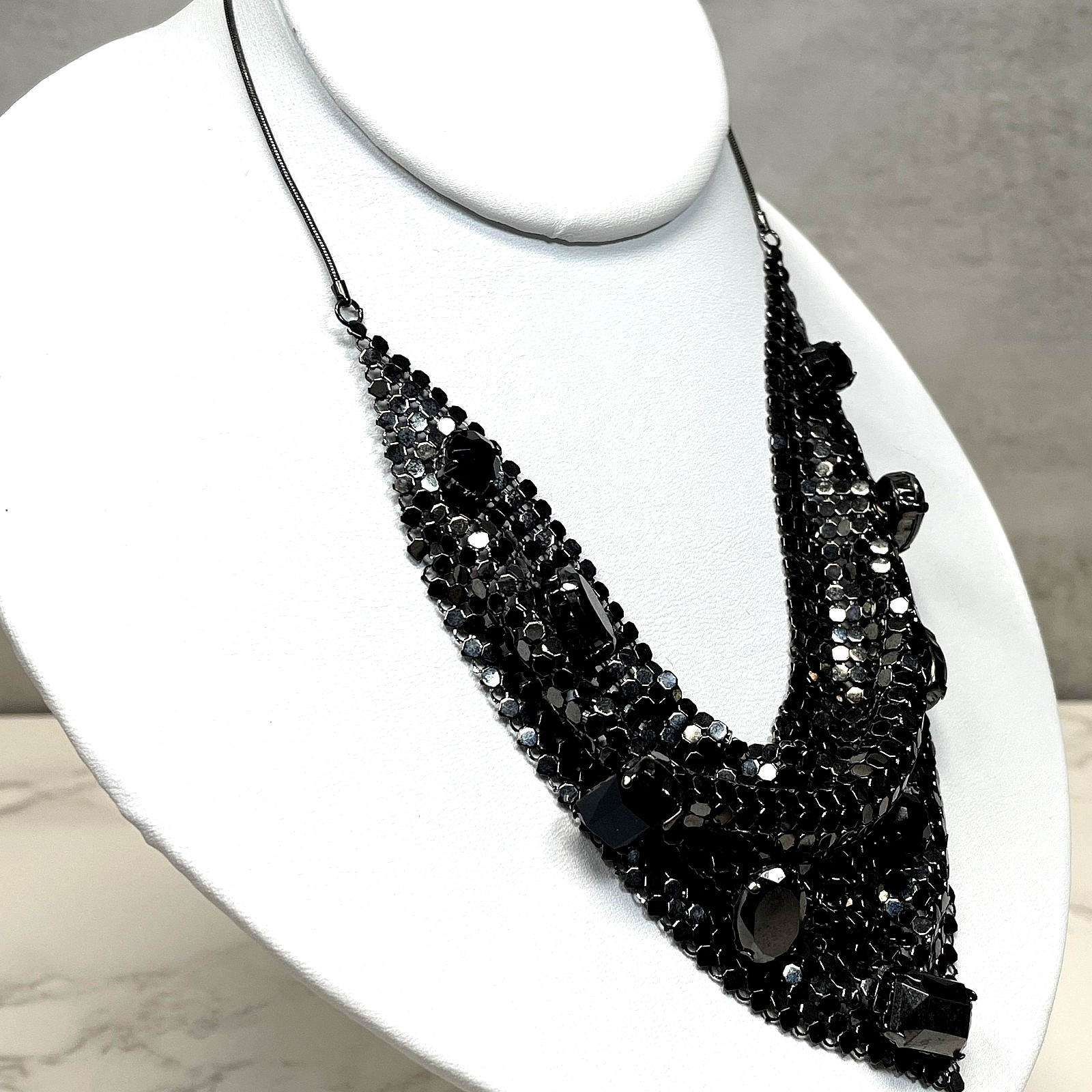 Claire’s Signed Black Liquid Metal Mesh Bib Necklace Gothic Rhinestone Statement