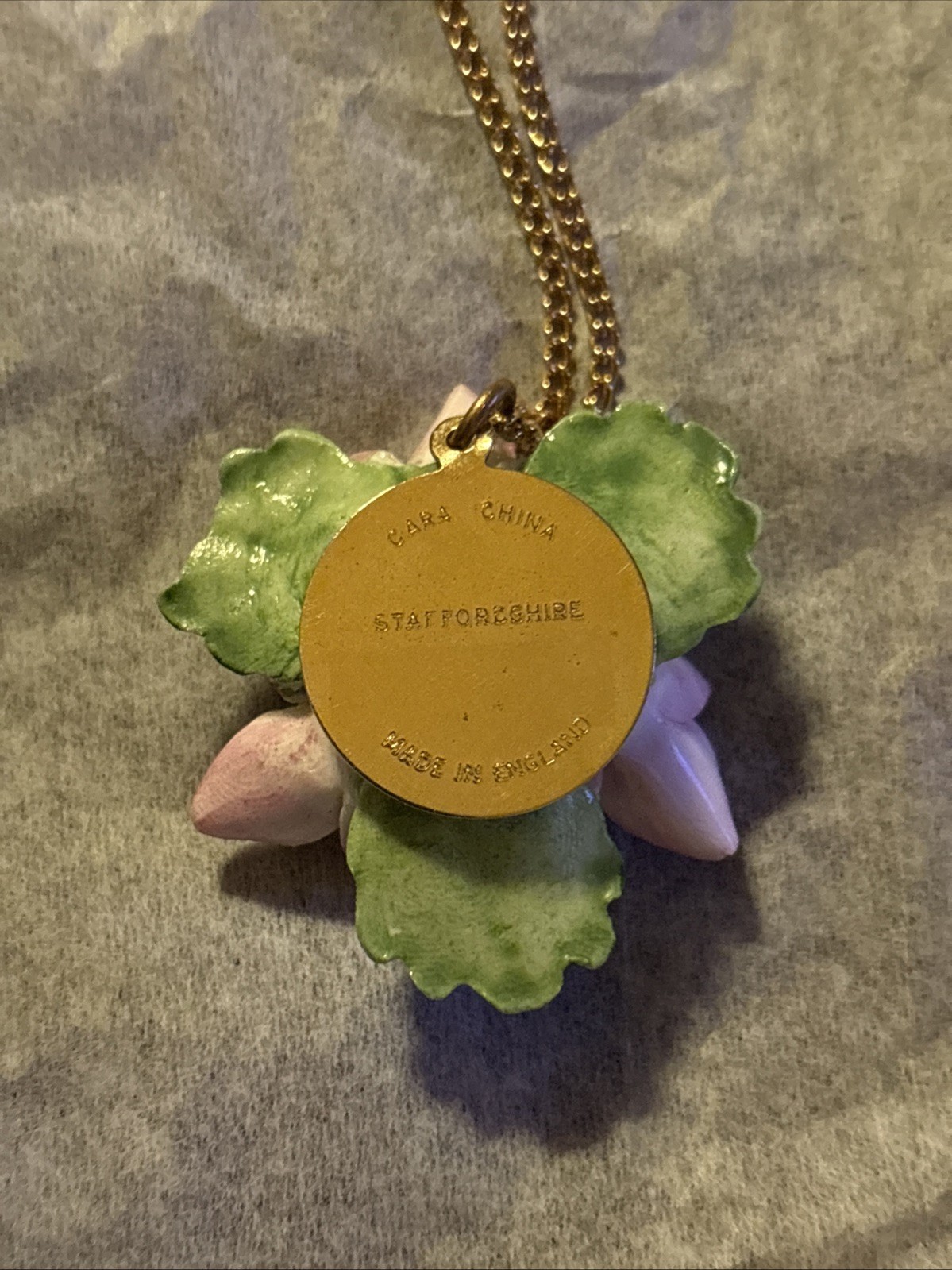 Vintage CARA China Freesia Flower Pendant On A Gold-Toned Staffordshire Necklace