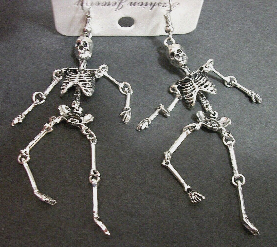 Halloween 3.5″ Dangle Articulated Skeleton Earrings Silver Tone Metal