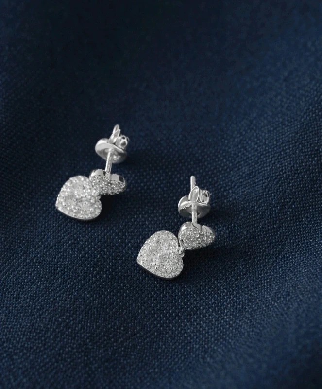 Silver 925 diamante heart hanging studs | New
