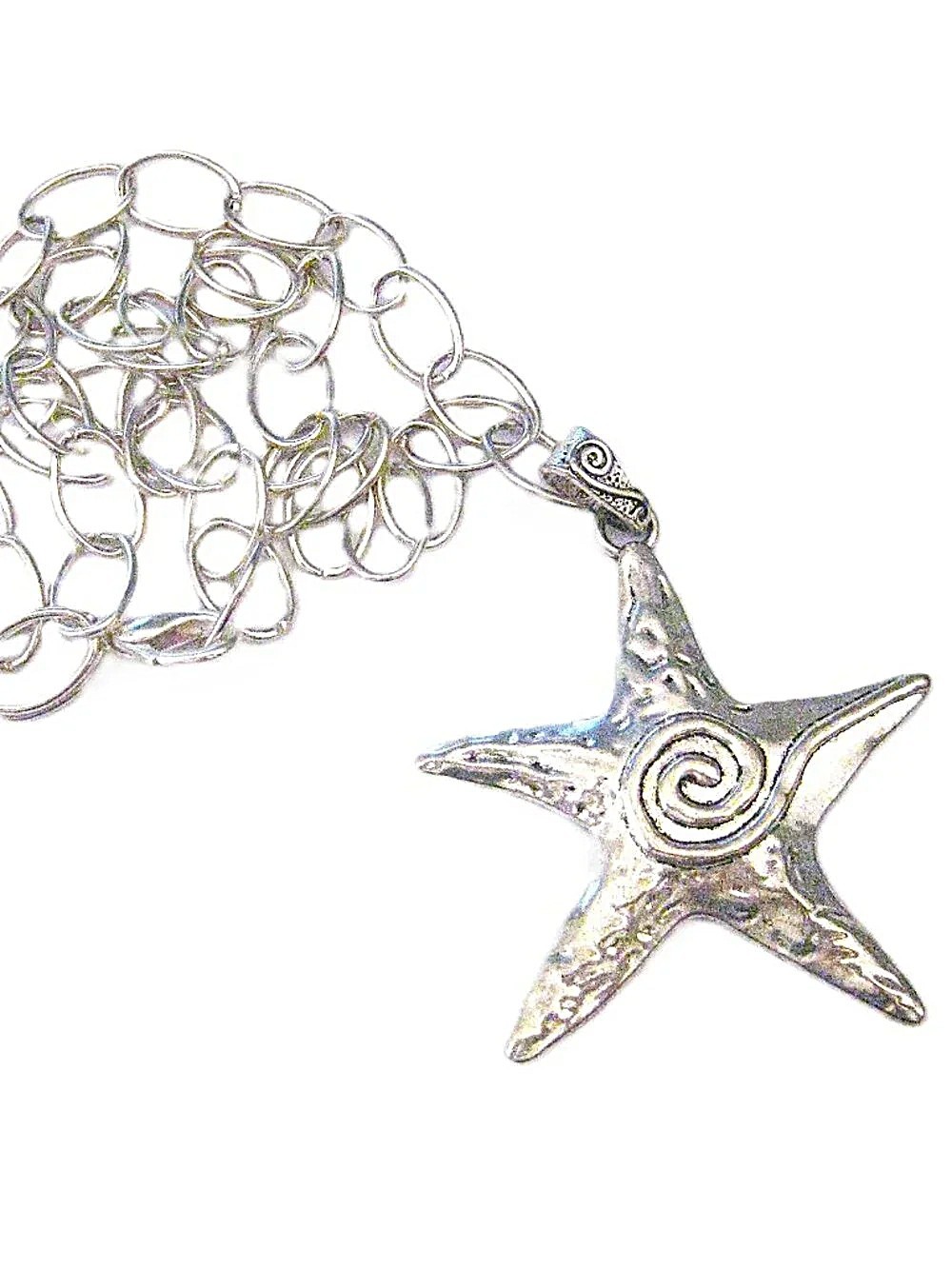 Starfish Pendant Necklace – Silvertone Chain 29 1/2″ – New