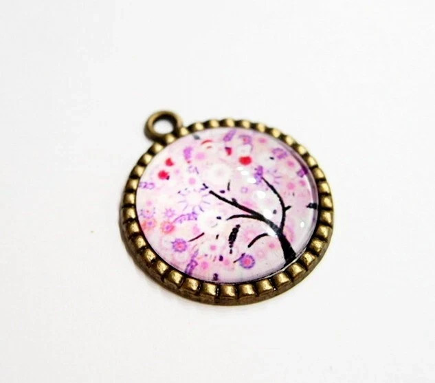 10 Antique Gold Round Colorful Purple Red Glass Tree of Life Pendants 35x30mm