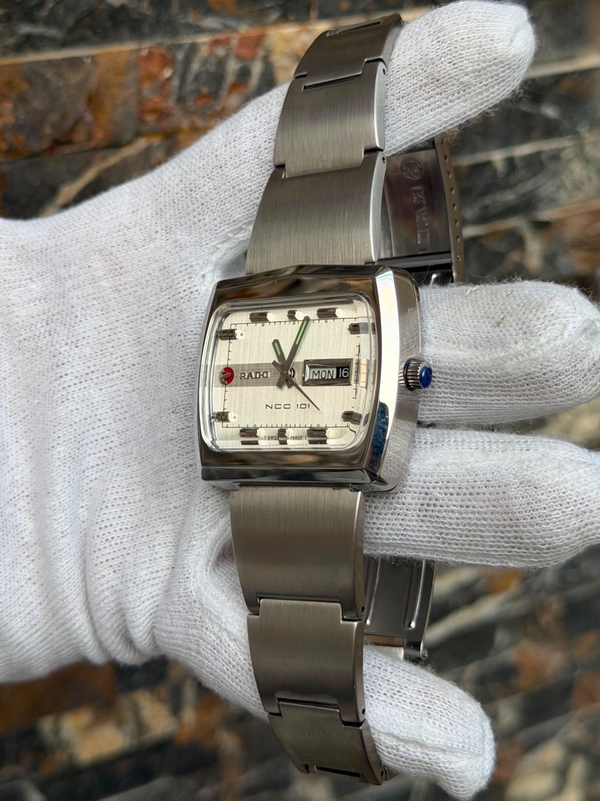 vintage Rado NCC 101 automatic watch featuring a silver TV-shaped case