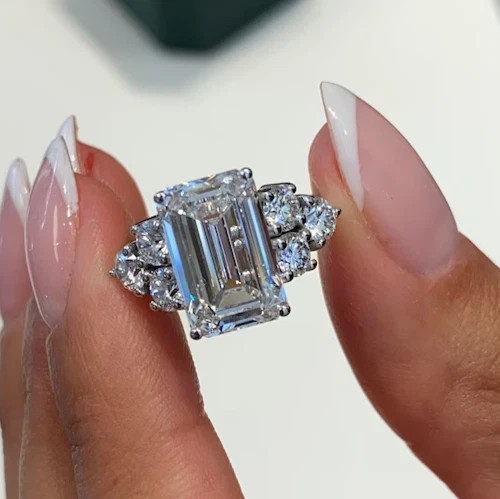 Lab Grown Diamond 6.50 Ct Emerald-Cut Hidden Halo Engagement Ring 14K White Gold