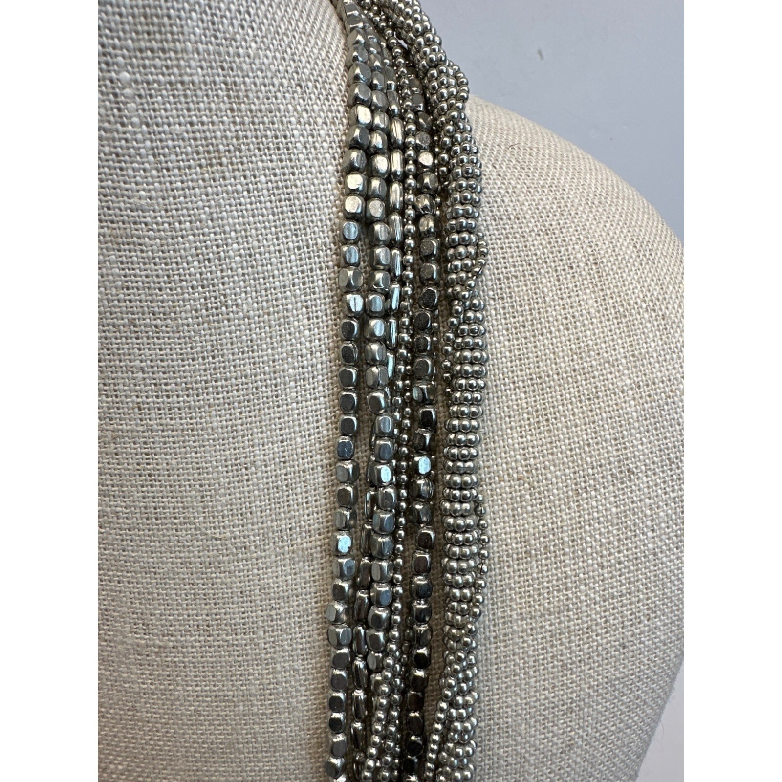 Vintage Multi Strand Metal Beads Silver Tone Chain Necklace – 37in