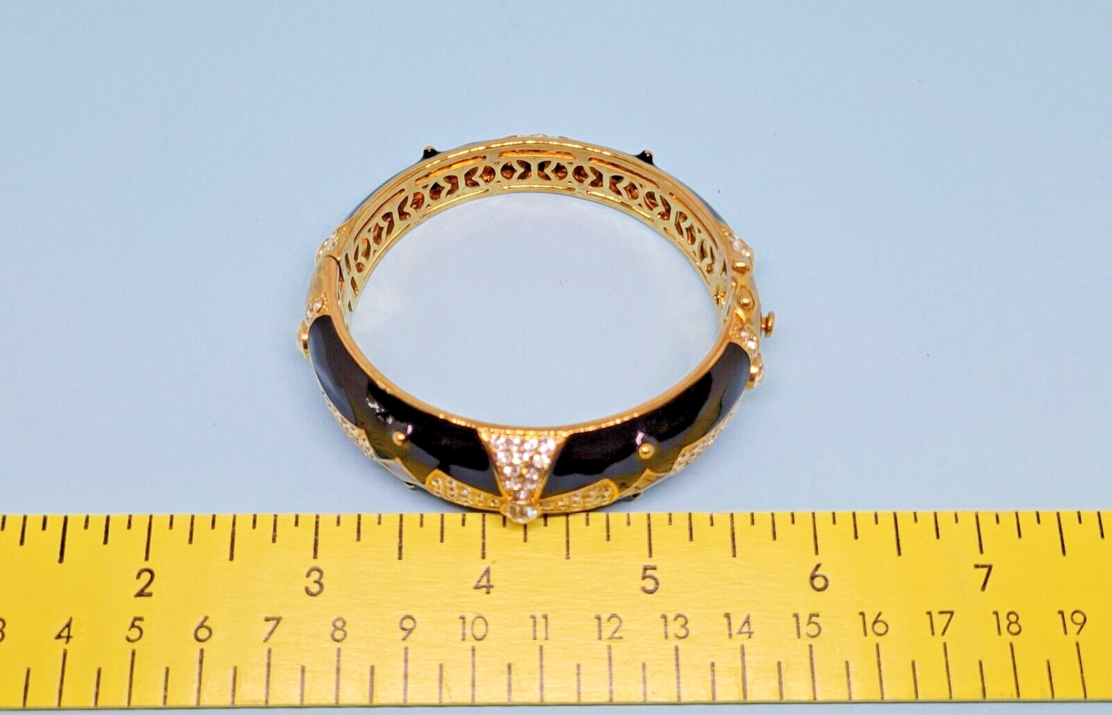 Joan Boyce Gold Tone Black Enamel Crystal Maltese Cross Hinged Bangle Bracelet