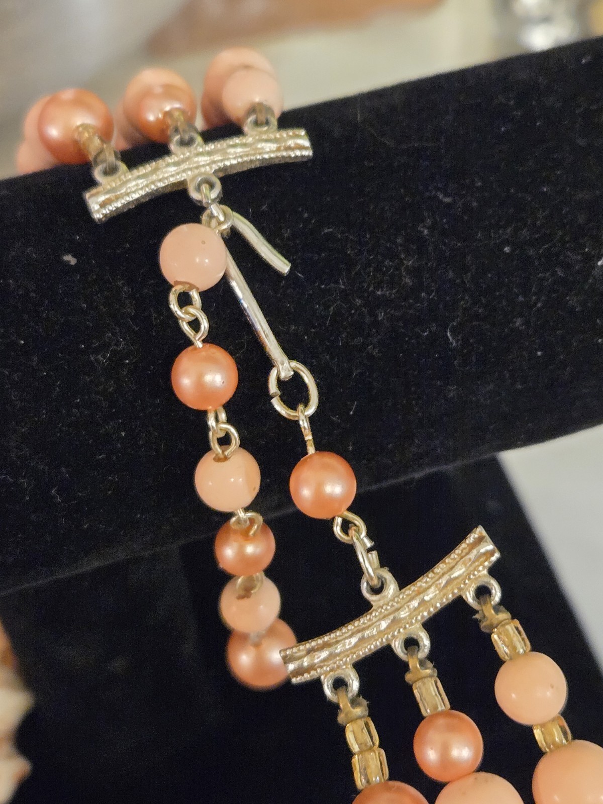 Vintage Japan Triple Strand Bead Necklace with Gold Tone Peach & Cream 19 In