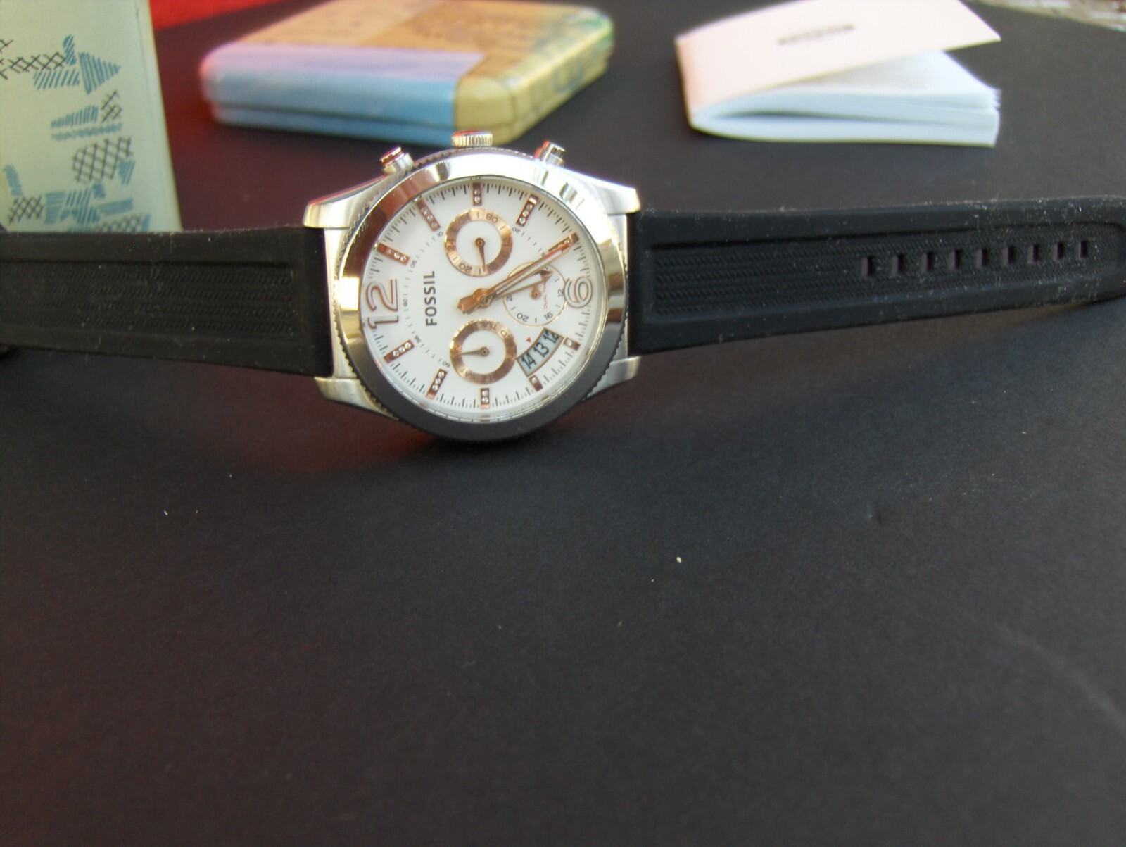 FOSSIL ES 4250 BOYFRIEND 3 EYE CHRONOGRAPH SWAROVSKI CRYSTAL MARKERS DATE WINDOW
