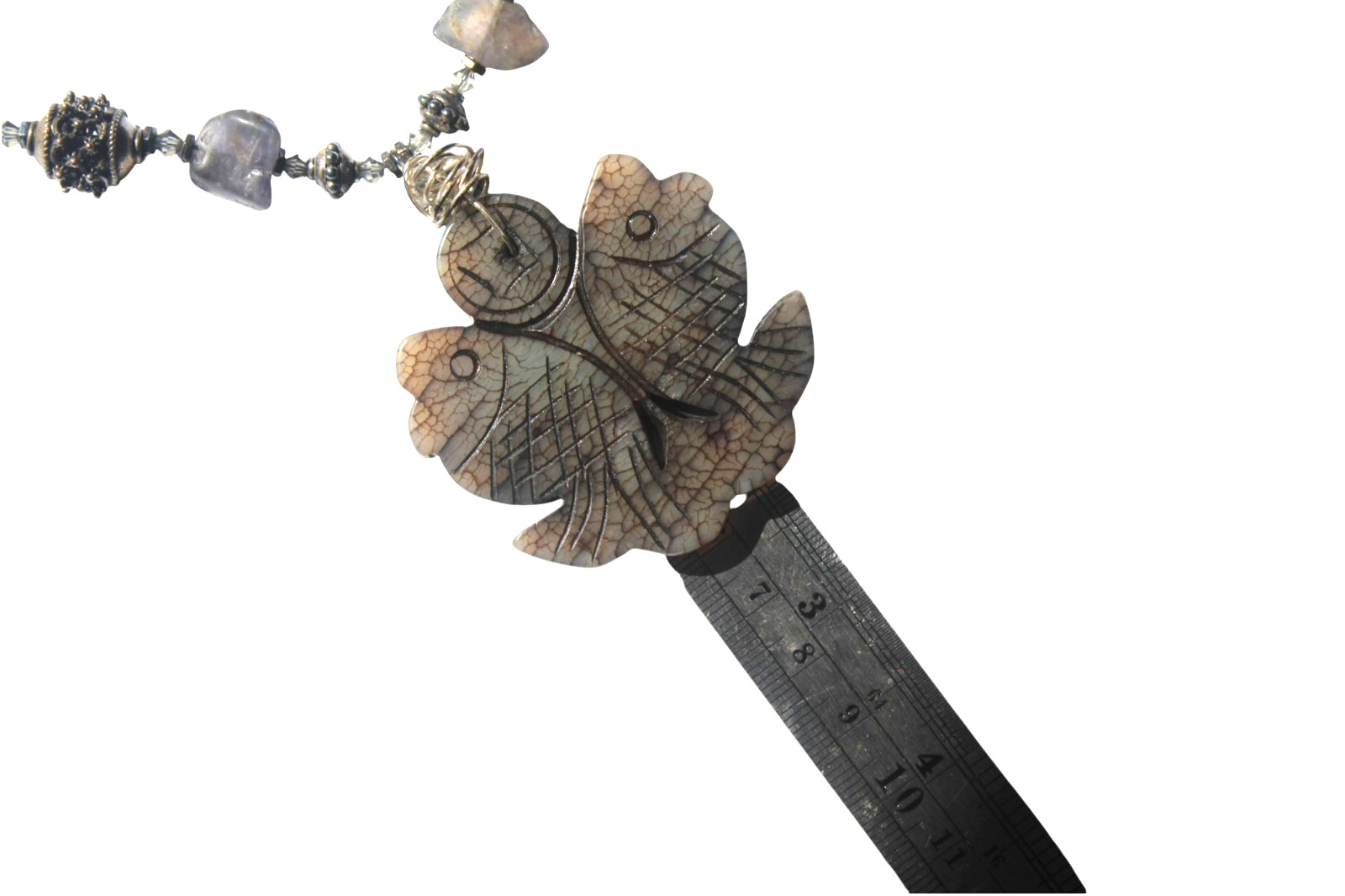 Silver Tone Carved Stone Fish Necklace Open Work Beaded Unique Koi Pisces Asian