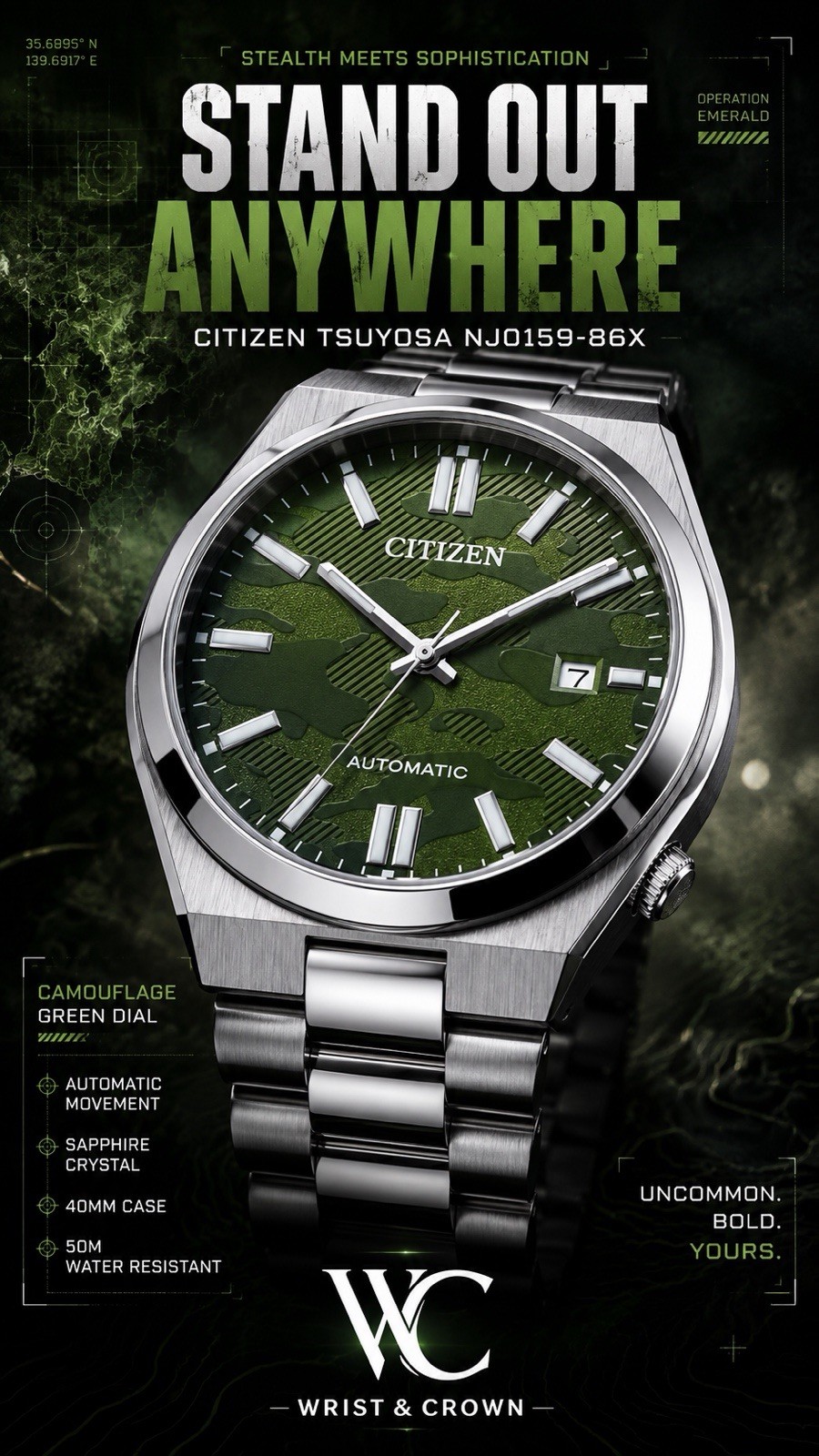Citizen Tsuyosa NJ0159-86X Automatic Green Camouflage Dial 40mm Sapphire