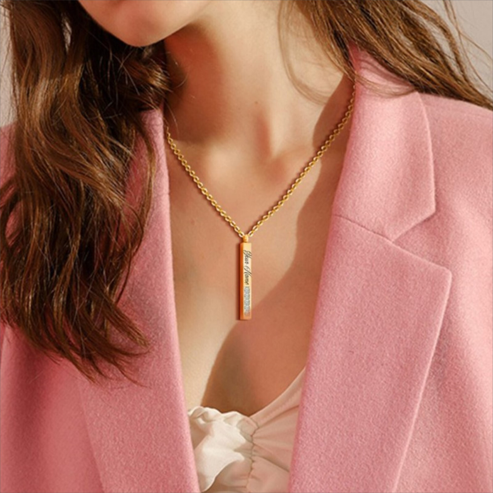 Personalized Vertical Crystal Bar Necklace, Custom Engraved 3D Name Necklace